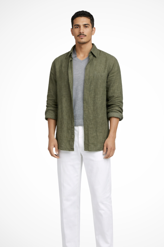 Men Relaxed Fit Long Sleeve Linen Button Down Shirt