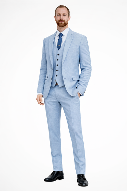 Men Linen Three Piece Wedding Guest Suit Blazer Trousers and Waistcoat Set