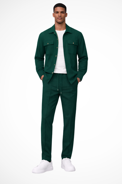 Men Long Sleeve Chest Pocket Overshirt and Straight Leg Trousers Set