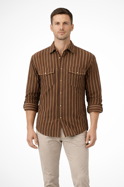 Men Washed Striped Shirt Loose Fit Long Sleeve Blouse