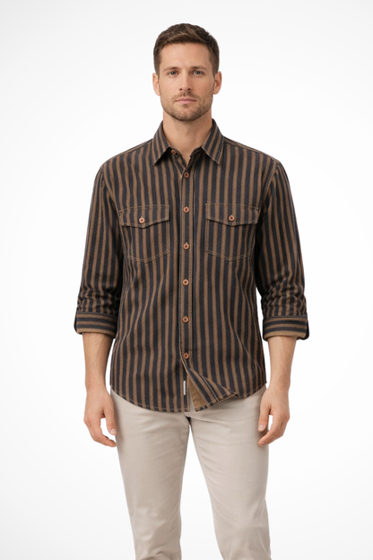Men Washed Striped Shirt Loose Fit Long Sleeve Blouse