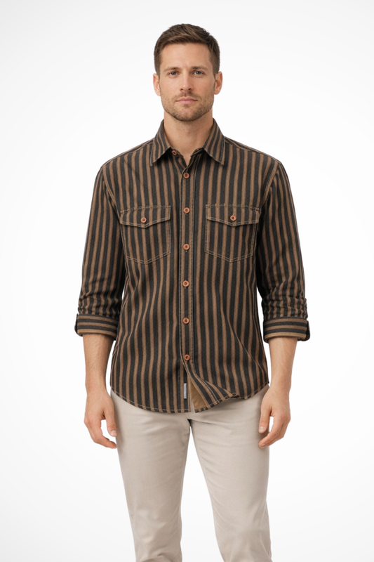 Men Washed Striped Shirt Loose Fit Long Sleeve Blouse