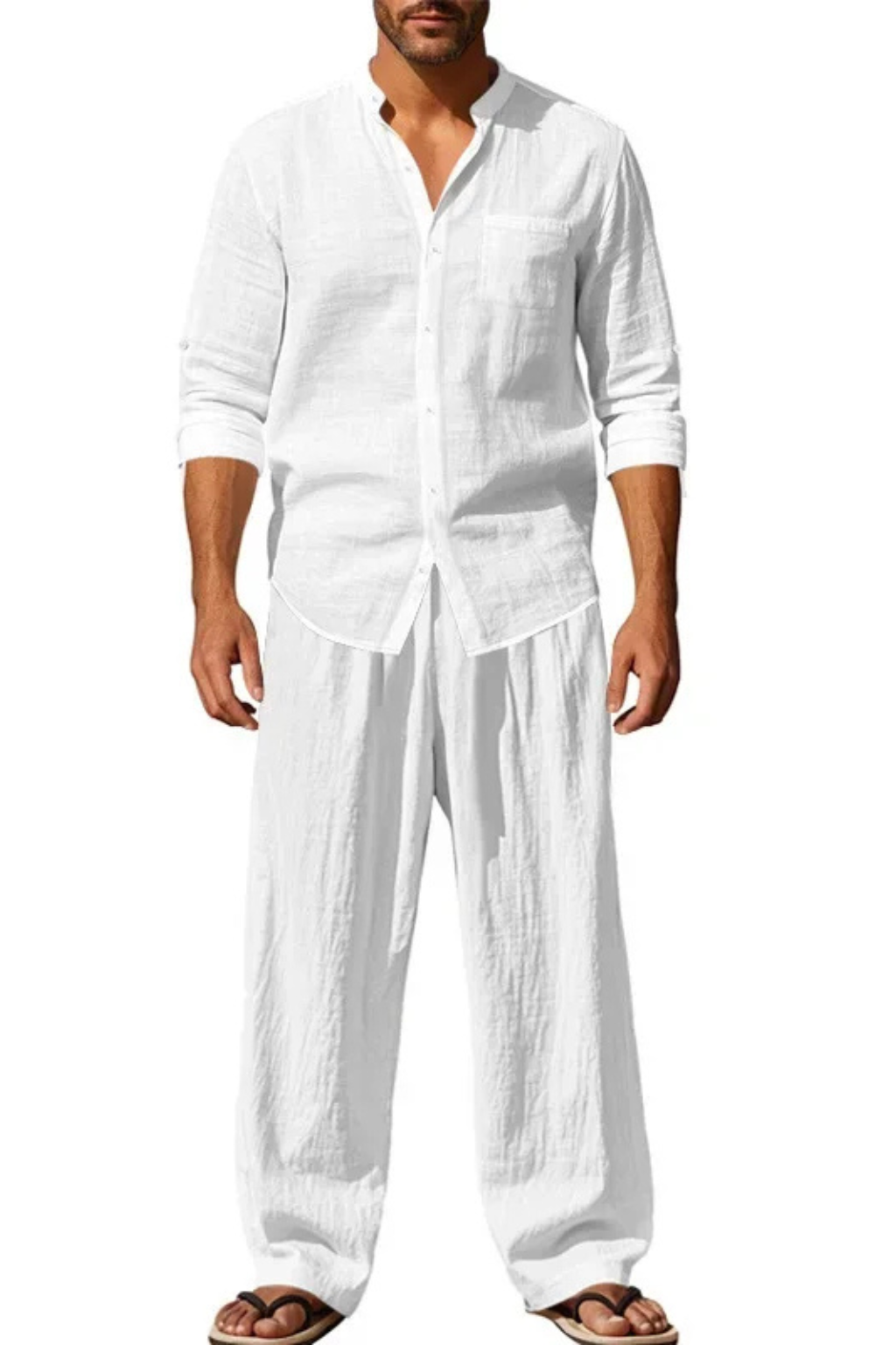 Men Grandad Collar Long Sleeve Linen Shirt and Straight Leg Trousers Set