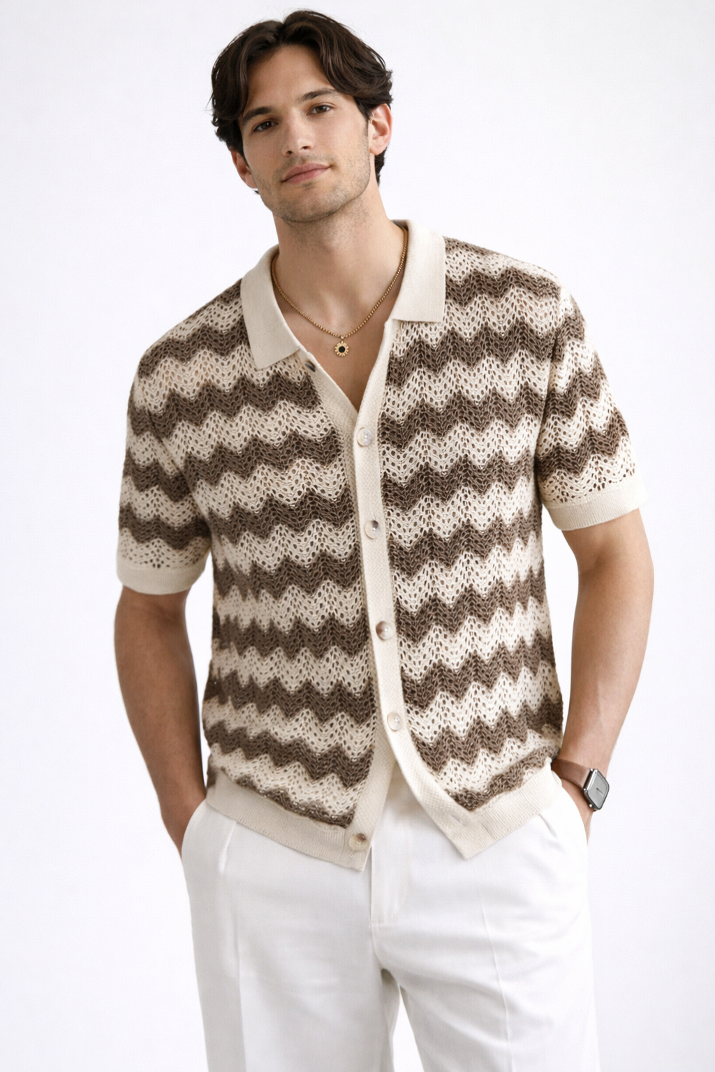 Men Short Sleeve Button Front Zigzag Crochet Knit Polo Shirt