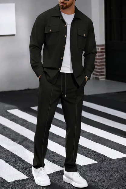 Men Long Sleeve Chest Pocket Overshirt and Straight Leg Trousers Set