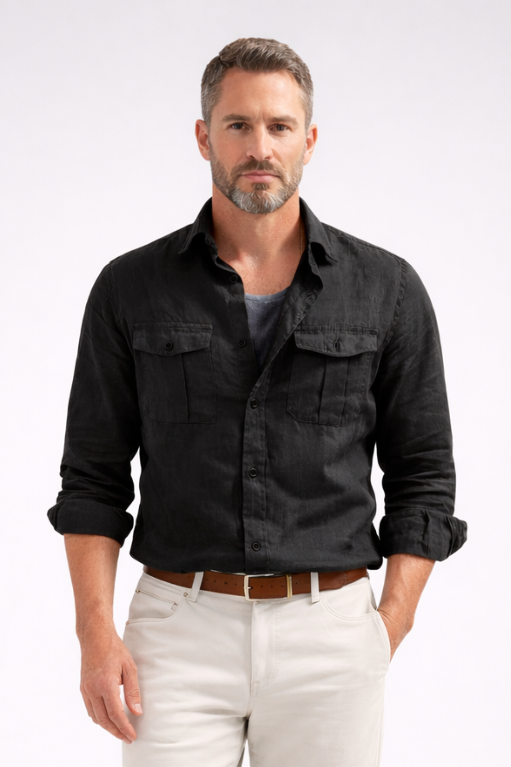 Men Long Sleeve Double Chest Pocket Cotton Linen Casual Shirt
