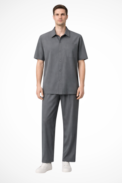 Men Lapel Short Sleeve Button Shirt and Elasticated Waist Trouser Set