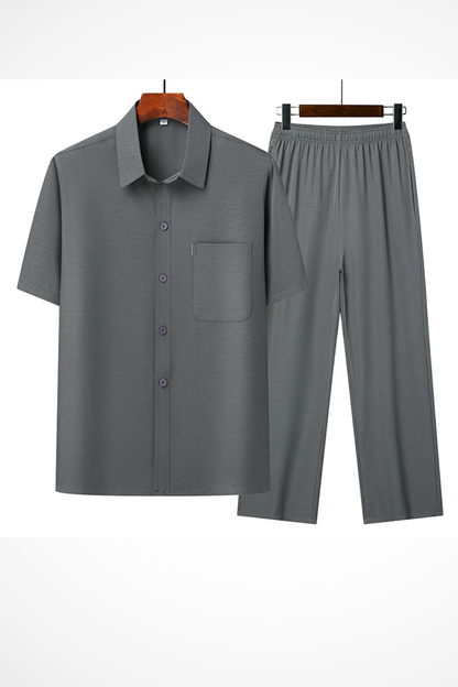 Men Lapel Short Sleeve Button Shirt and Elasticated Waist Trouser Set