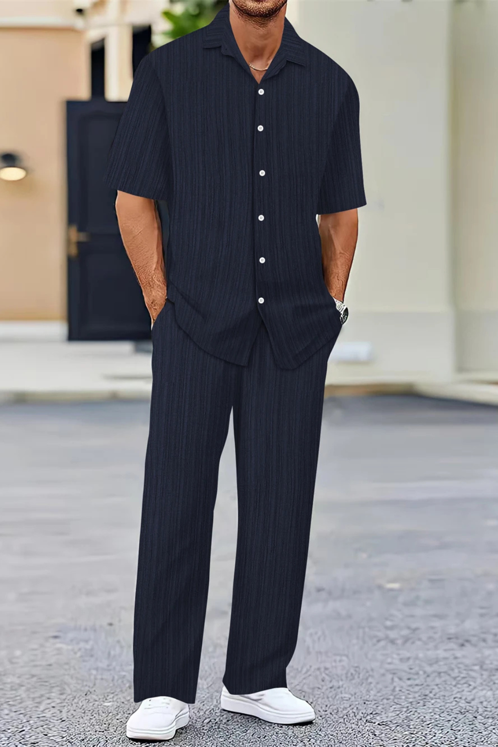 George | Men Textured Short Sleeve Shirt and Straight Leg Trousers Summer Set